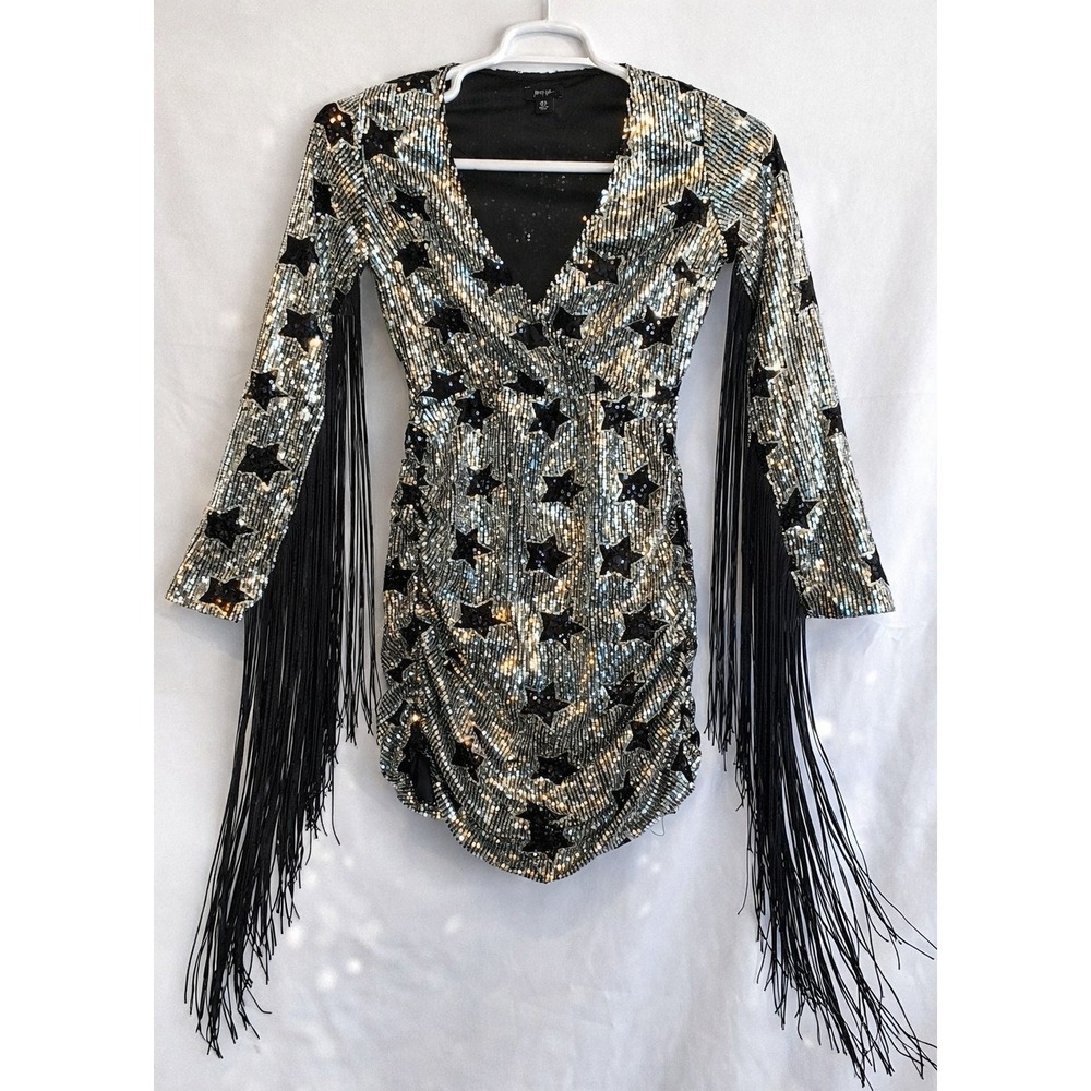 Nasty Gal V-neck Star Sequined Fringe body con long Sleeve Mini‎ Dress Size 0